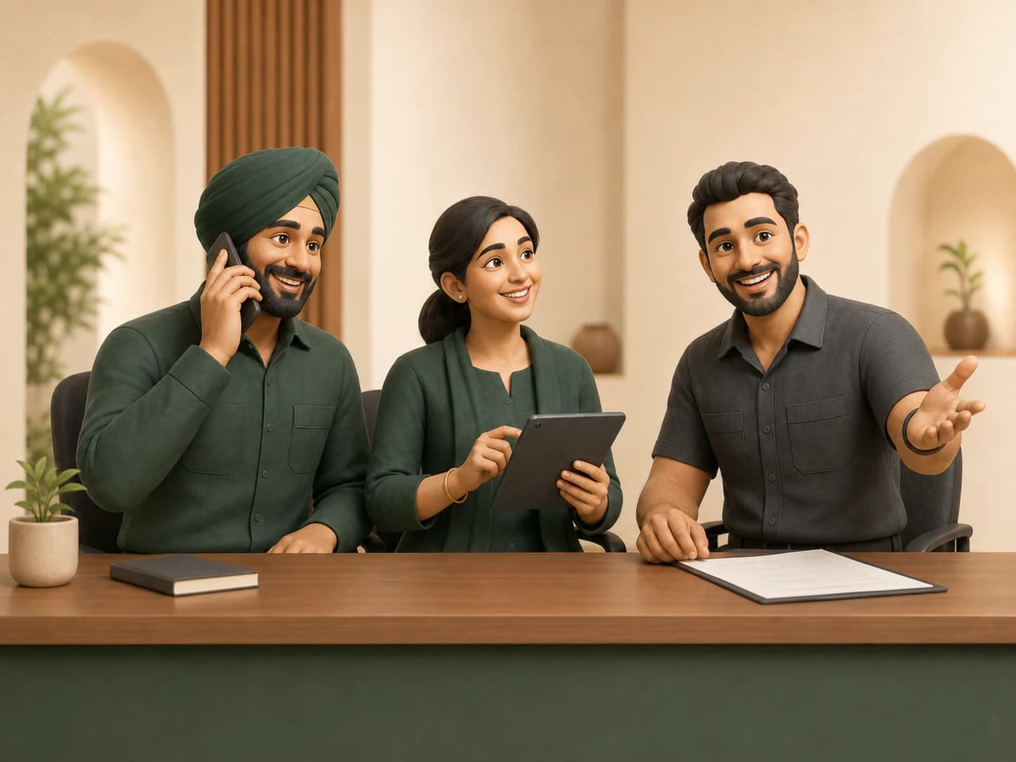 A friendly Sardar G team member on a phone call, a colleague working from a tablet and another welcoming a customer