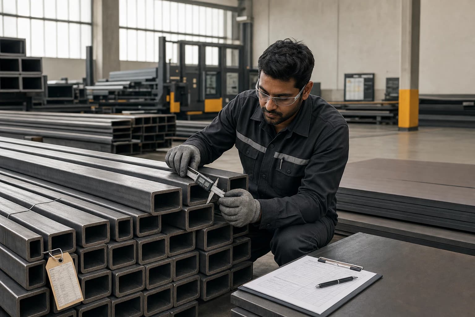 Quality technician measuring incoming rectangular steel sections with a digital caliper