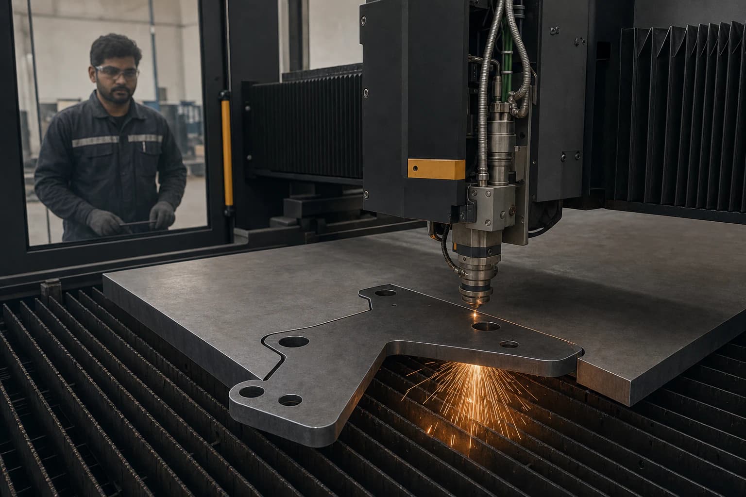 Enclosed fiber laser cutting a precision mounting bracket from thick steel plate