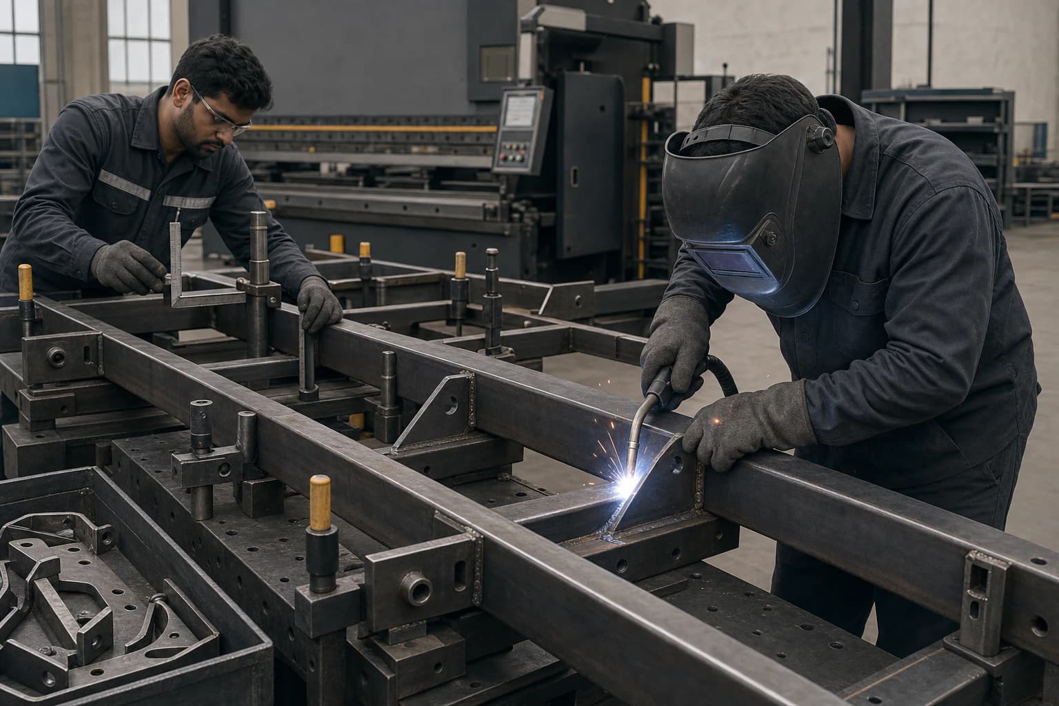 Fabricators welding and checking an agricultural implement frame held in a precision fixture