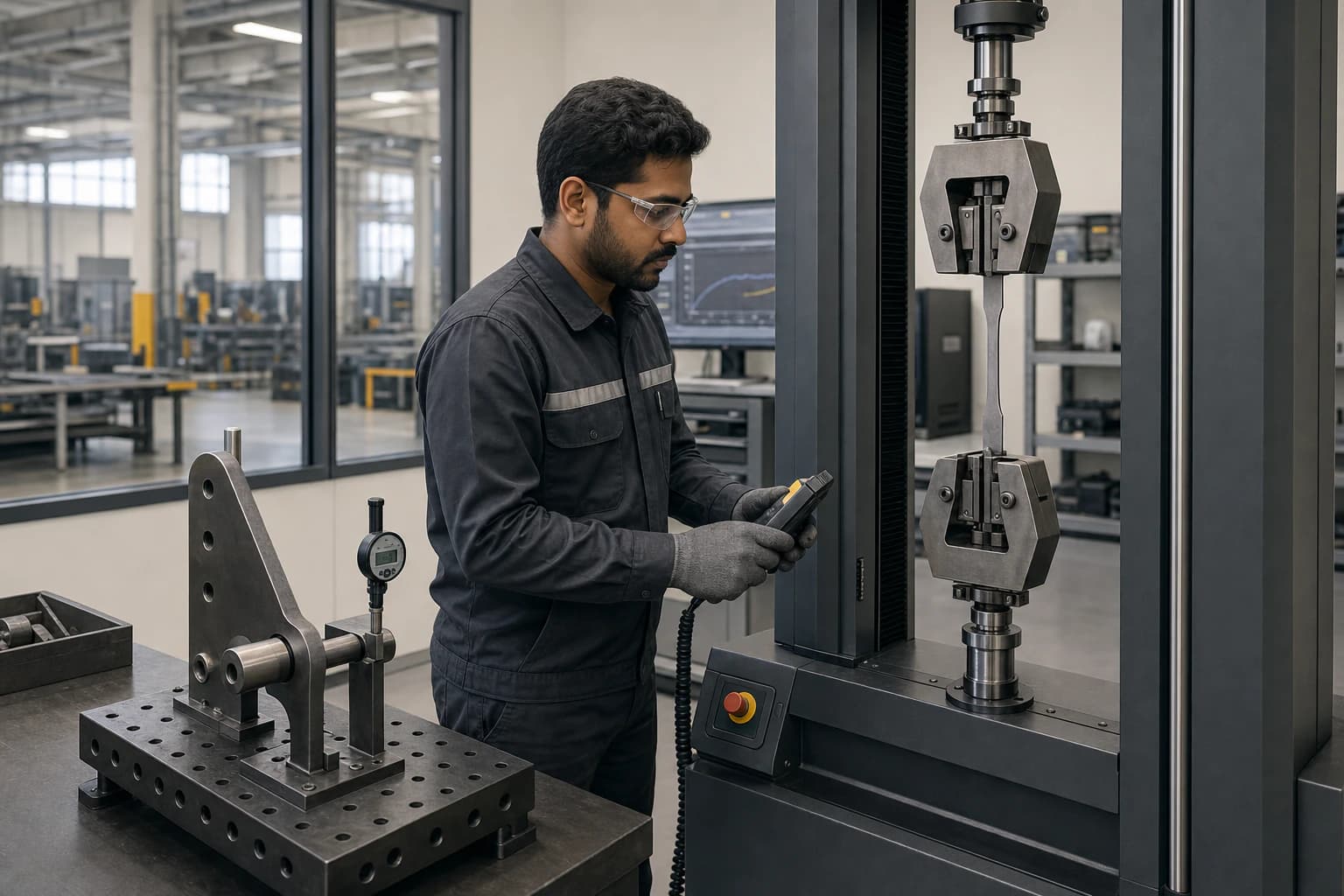 Quality engineer running a steel tensile test beside a precision hitch fit-check fixture