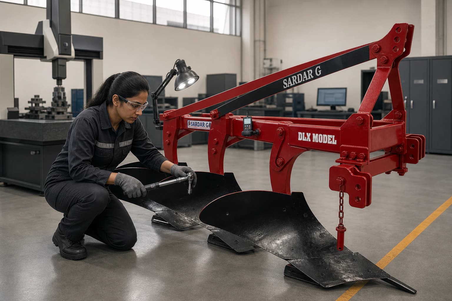 Female quality engineer performing final torque and finish checks on a red Sardar G mouldboard plough