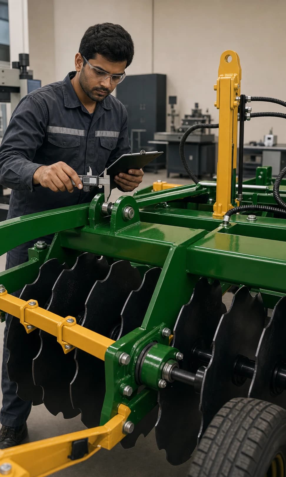 Quality engineer checking the alignment of a finished hydraulic disc harrow assembly