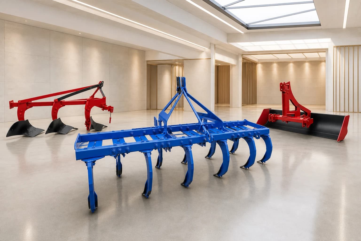 A glossy blue cultivator, red mouldboard plough and red land leveller displayed in a bright premium garage