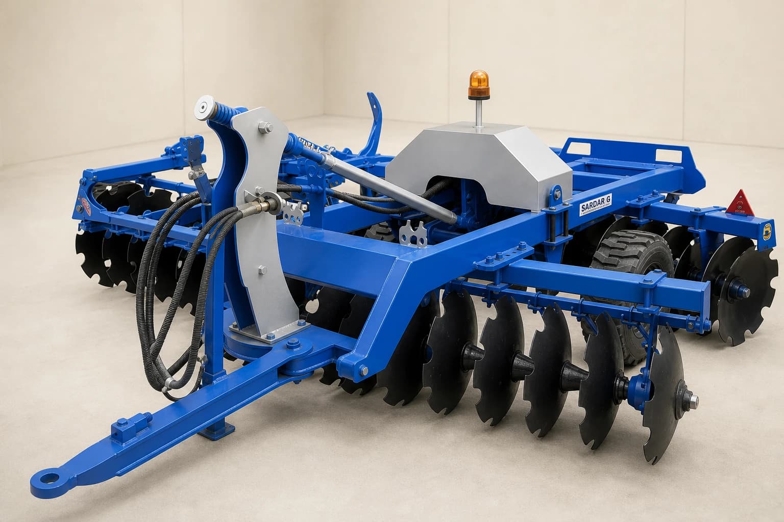 Premium blue and silver Centre Tyre Harrow with paired central wheels and four notched disc gangs
