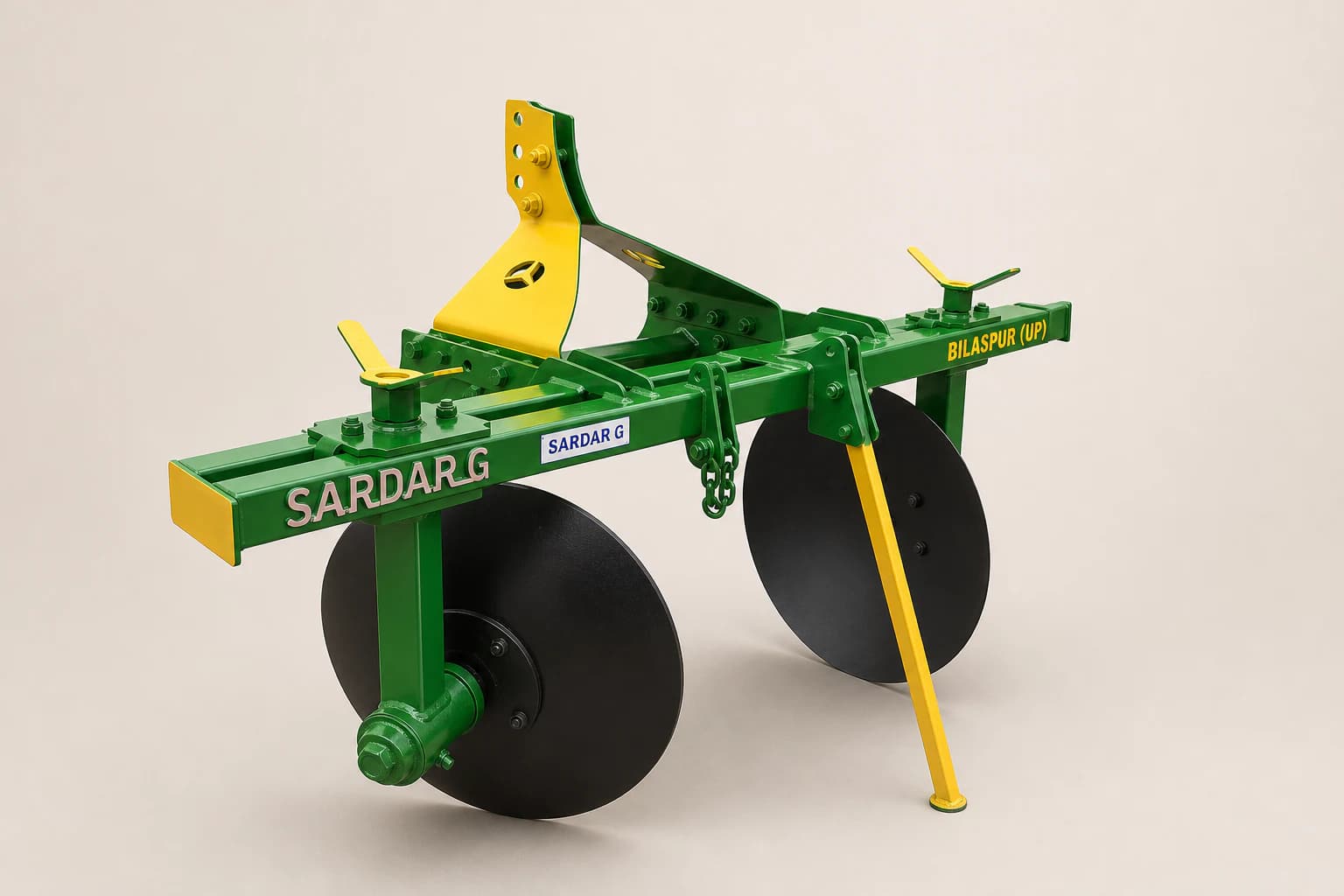 Green and yellow two-disc plough shown from a front three-quarter angle