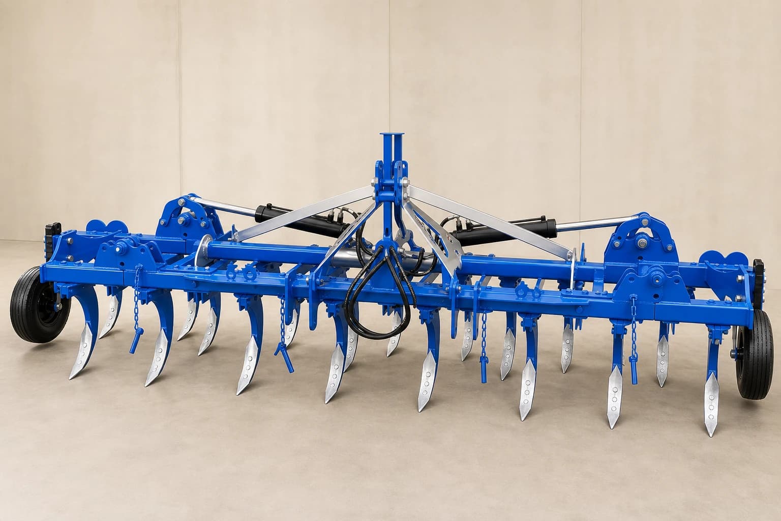Premium blue and silver twenty-one-tyne Hydraulic Folding Cultivator with two outer support wheels