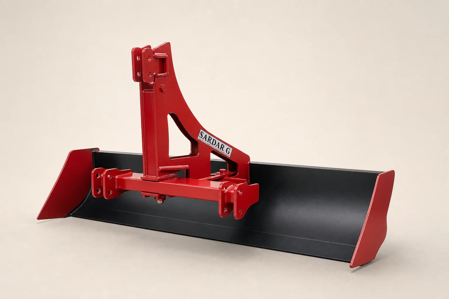 Red and black land leveller shown from a rear three-quarter angle