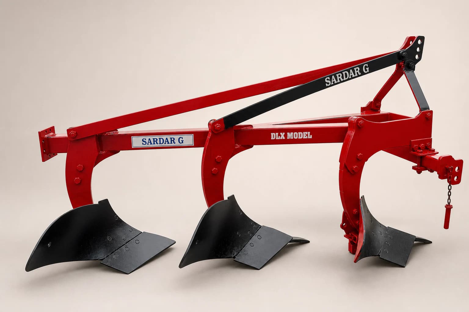 Red three-body mouldboard plough shown in full profile