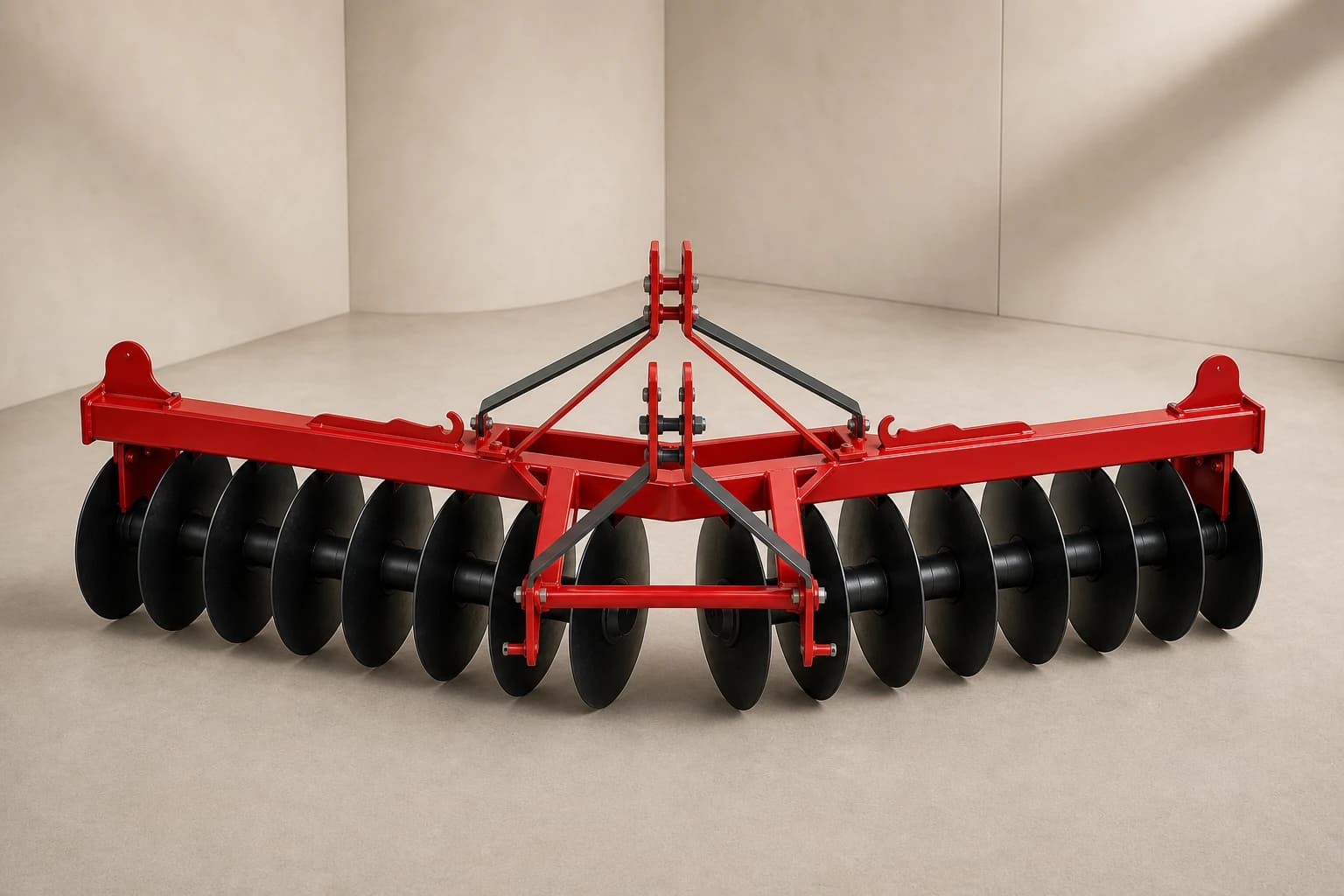 Premium red Paddy Harrow with two disc half-gangs meeting in one shallow V-shaped row
